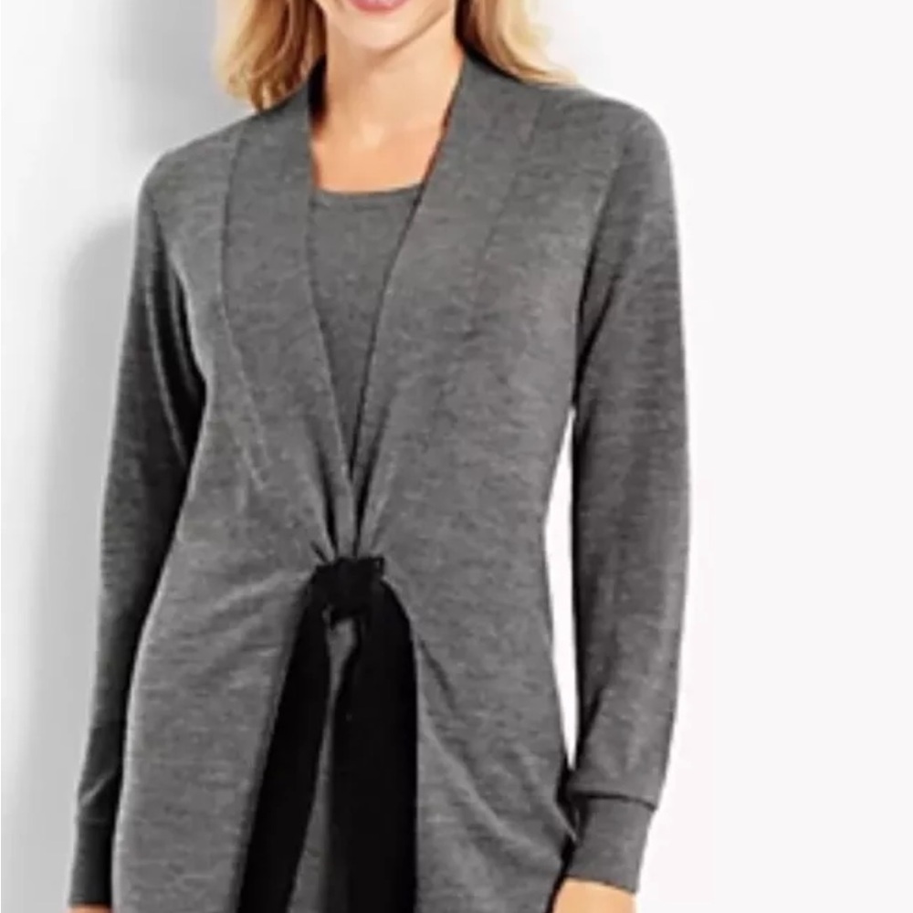 Talbots Heather Gray 100% Merino Wool Belted Duster Cardigan Size Medium Petite